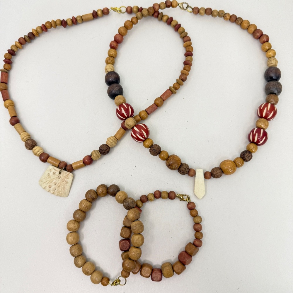 Wooden Beaded Necklace and Bracelet Set Natural Earth‎ Tones Boho Charm